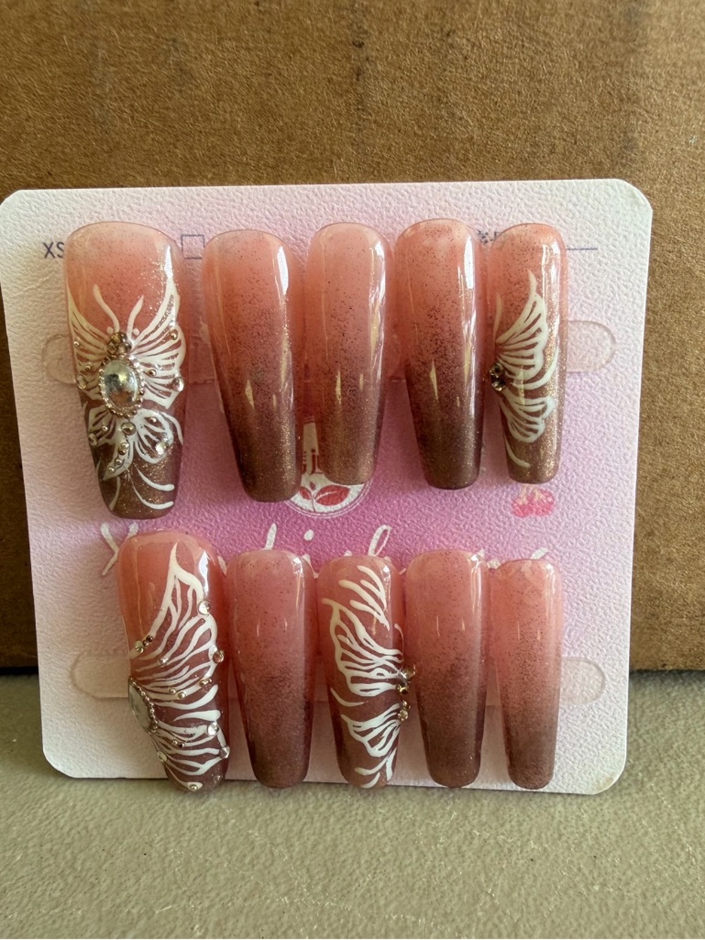 Blush Ombre Press-On Nails with White butterfly Design